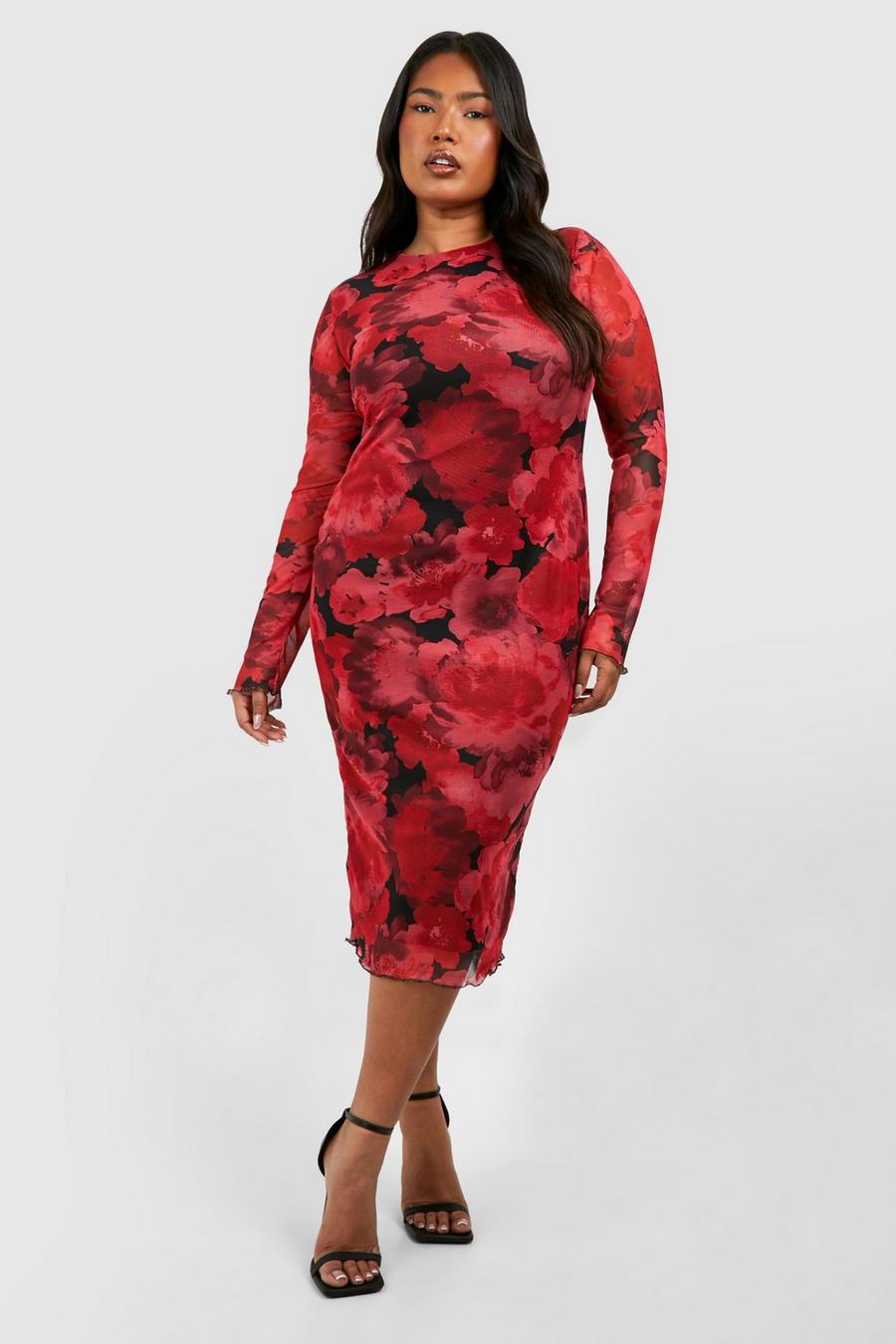 Red Plus Midi Mesh Printed Dress image number 1