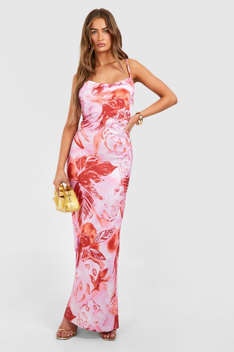 Vestido lencero maxi con estampado tropical, Pink image number 1