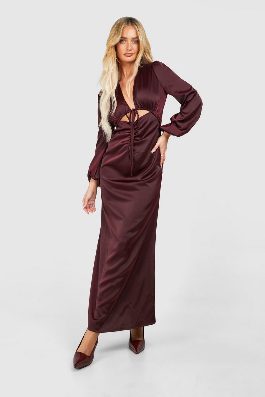 Vestito maxi in raso con ruches e cut-out, Chocolate