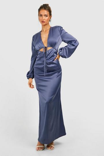 Blue Satin Rouched Cut Out Maxi Dress