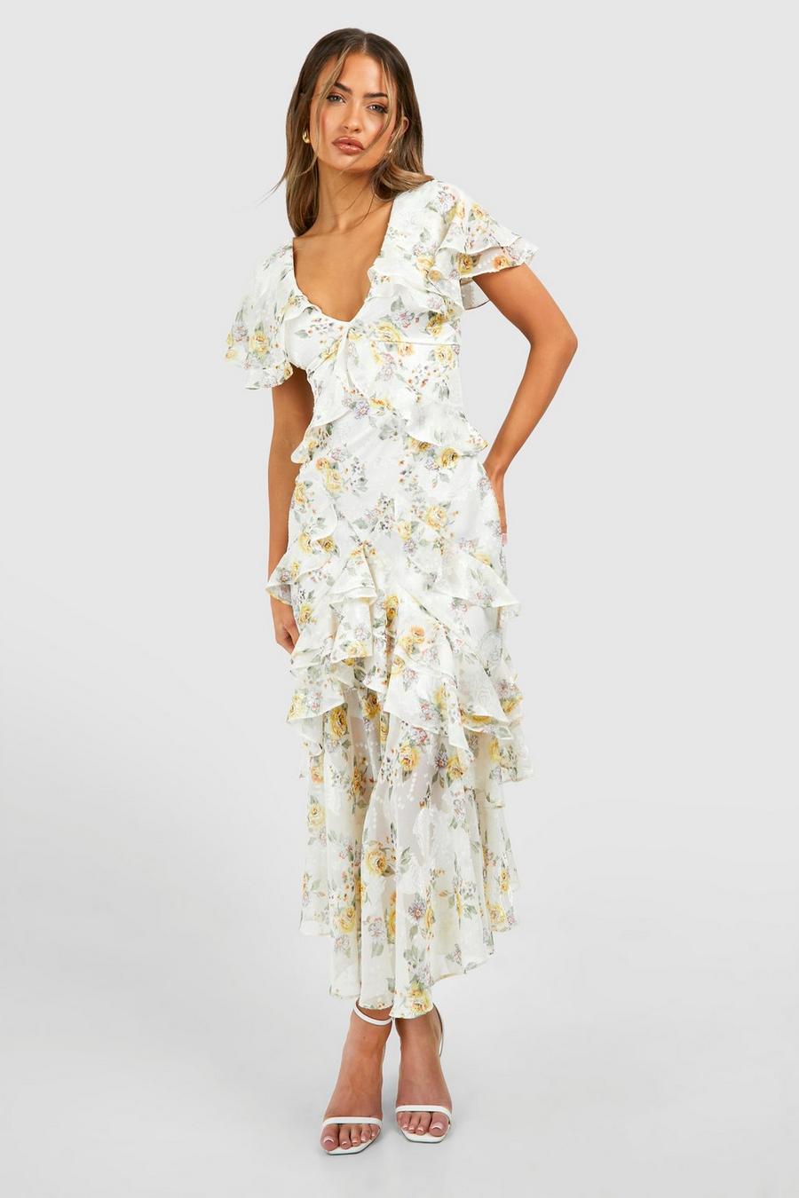 Cream Floral Ruffle Maxi Dress image number 1