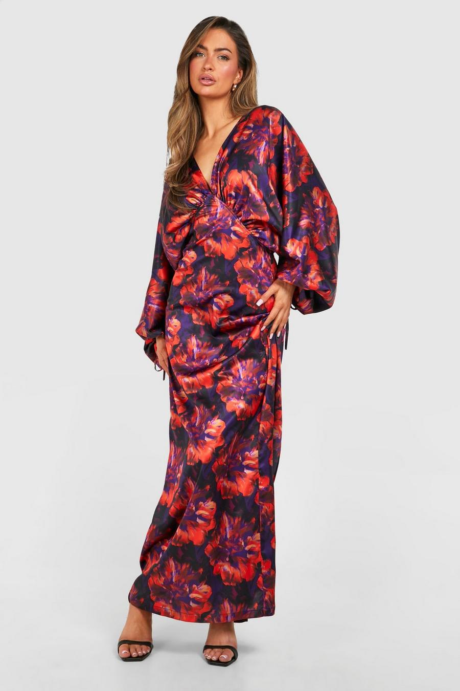 Red Floral Extreme Batwing Plunge Maxi Dress image number 1