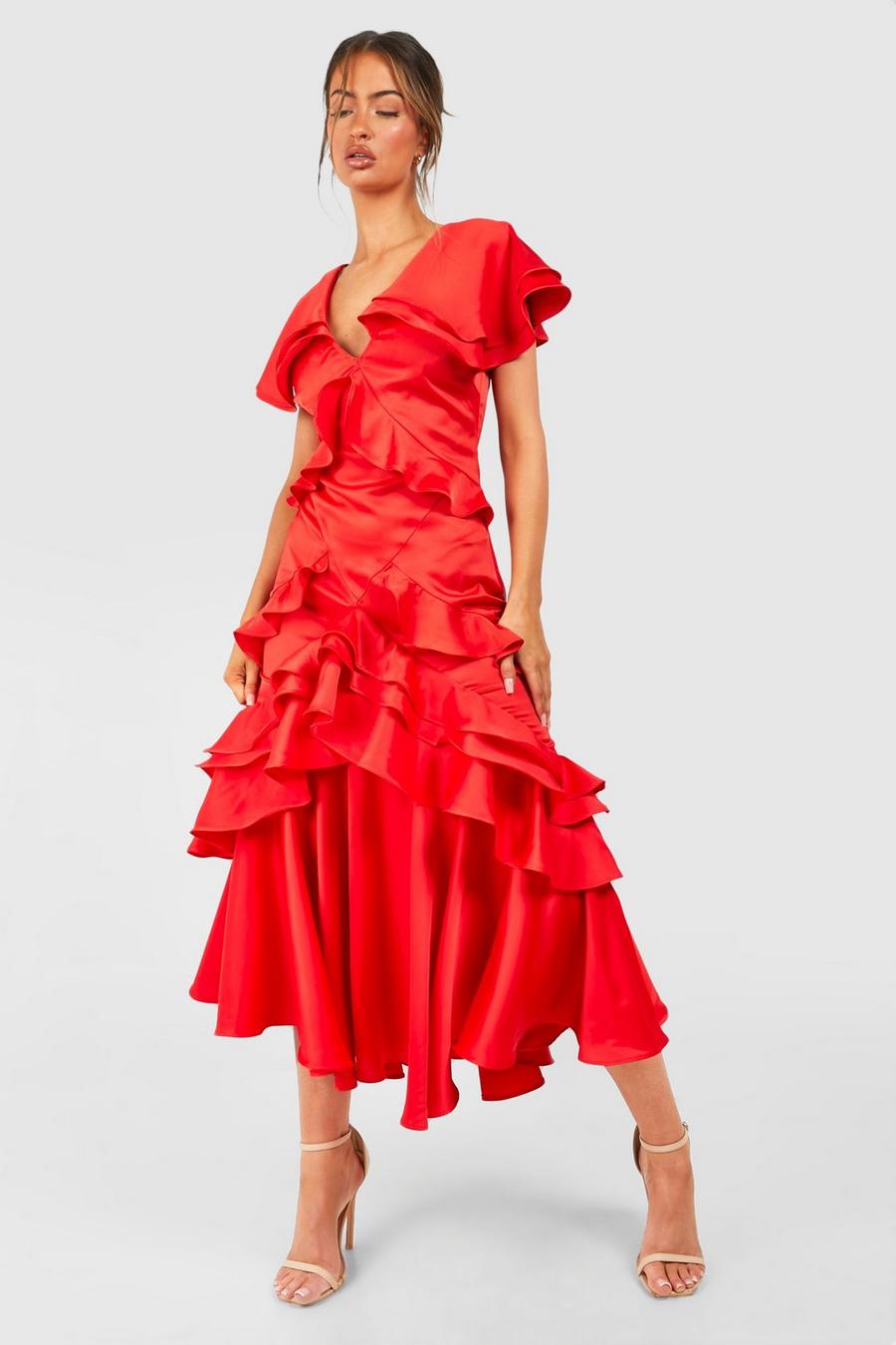 Red Satin Ruffle Maxi Dress