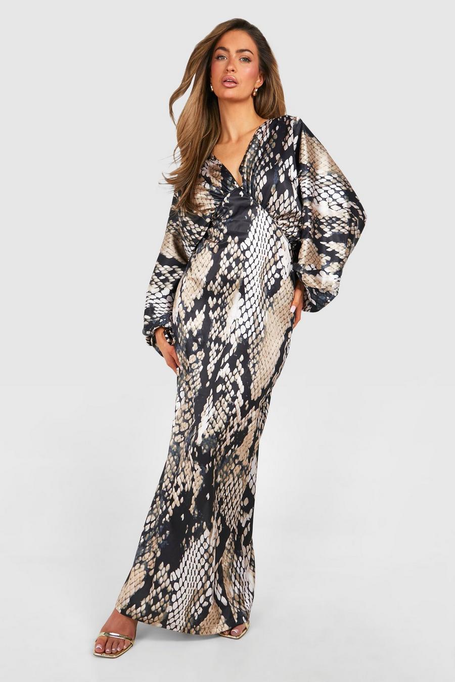 Brown Snake Extreme Batwing Plunge Maxi Dress