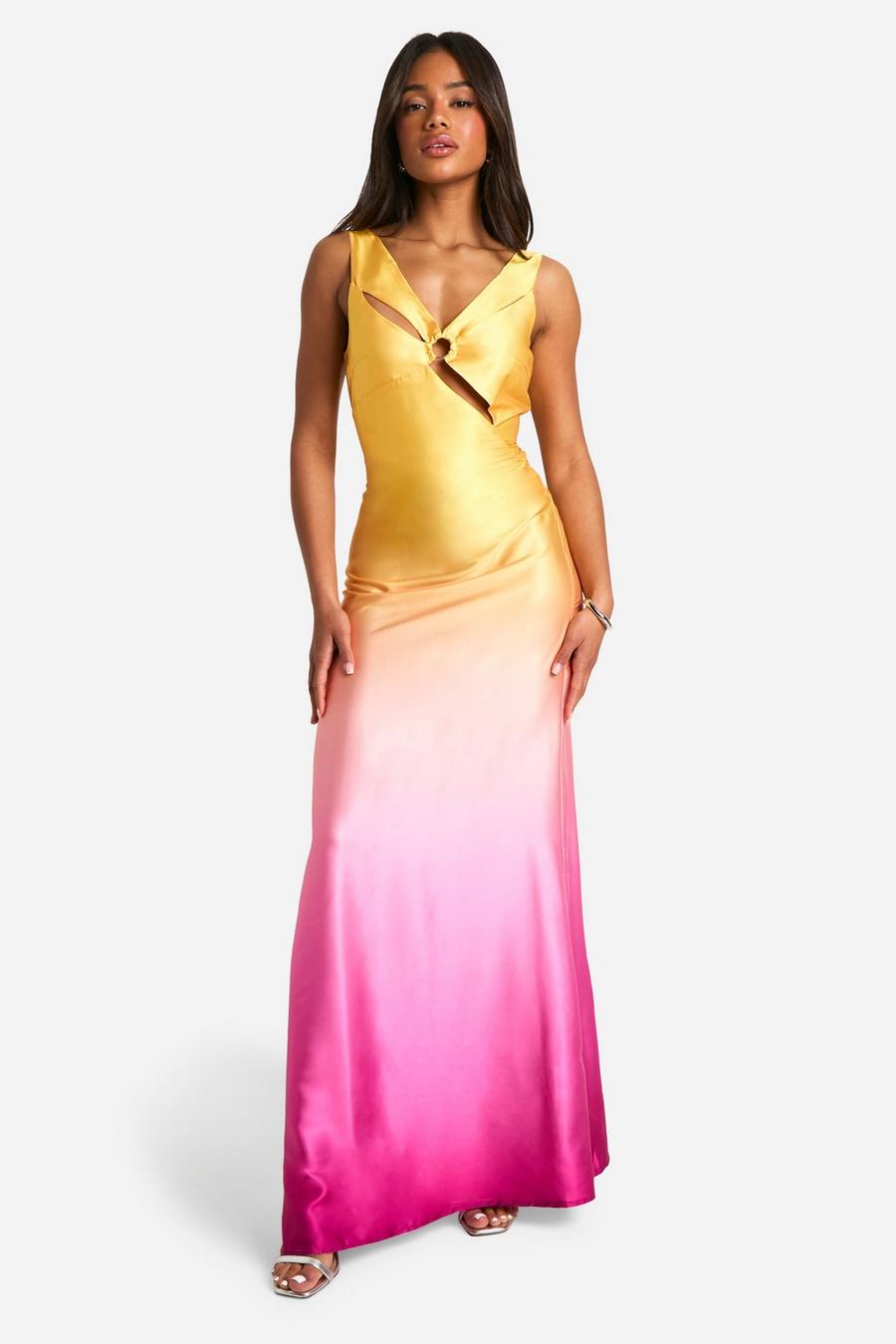 Pink Satin Ombre Cut Out Maxi Dress image number 1