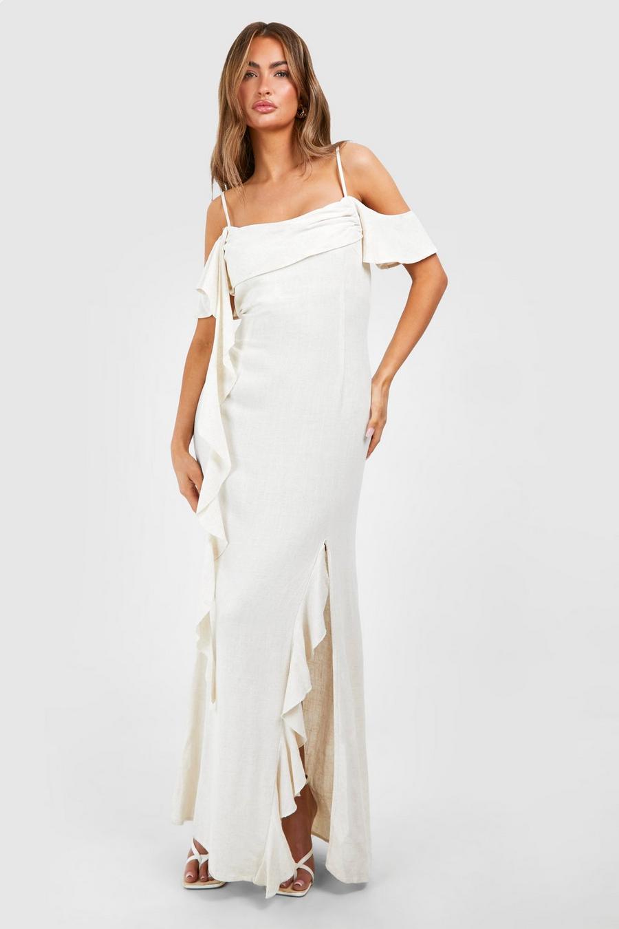 Neutral Linen Strappy Draped Maxi Dress image number 1