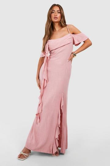 Rose Pink Linen Strappy Draped Maxi Dress