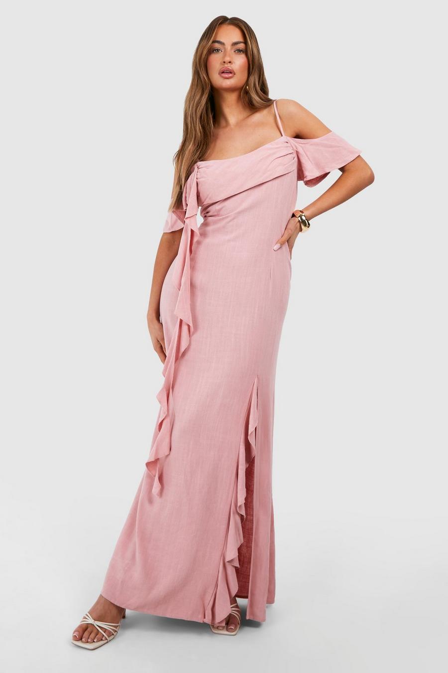 Rose Linen Strappy Draped Maxi Dress