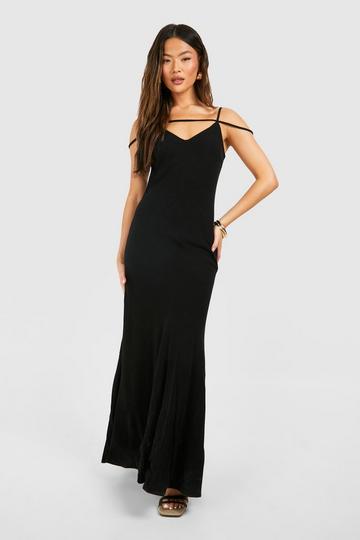 Black Linen Strappy Plunge Maxi Slip Dress