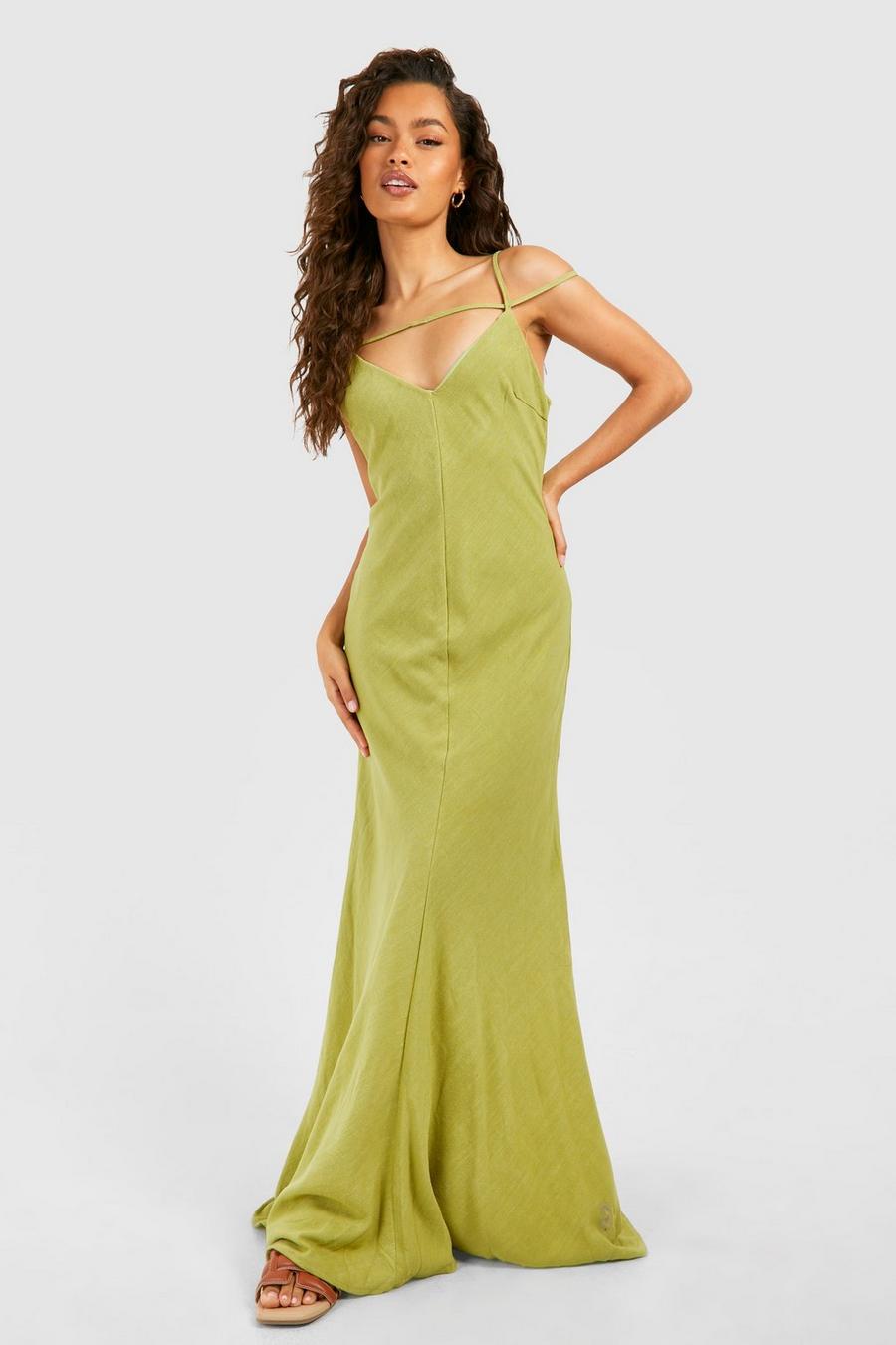 Olive Linen Strappy Plunge Maxi Slip Dress