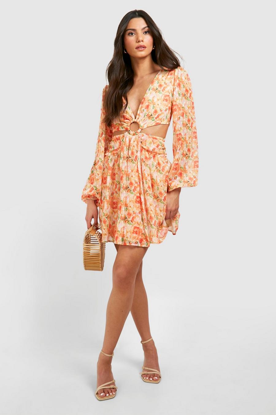 Orange Textured Floral Cut Out Ring Detail Mini Dress image number 1
