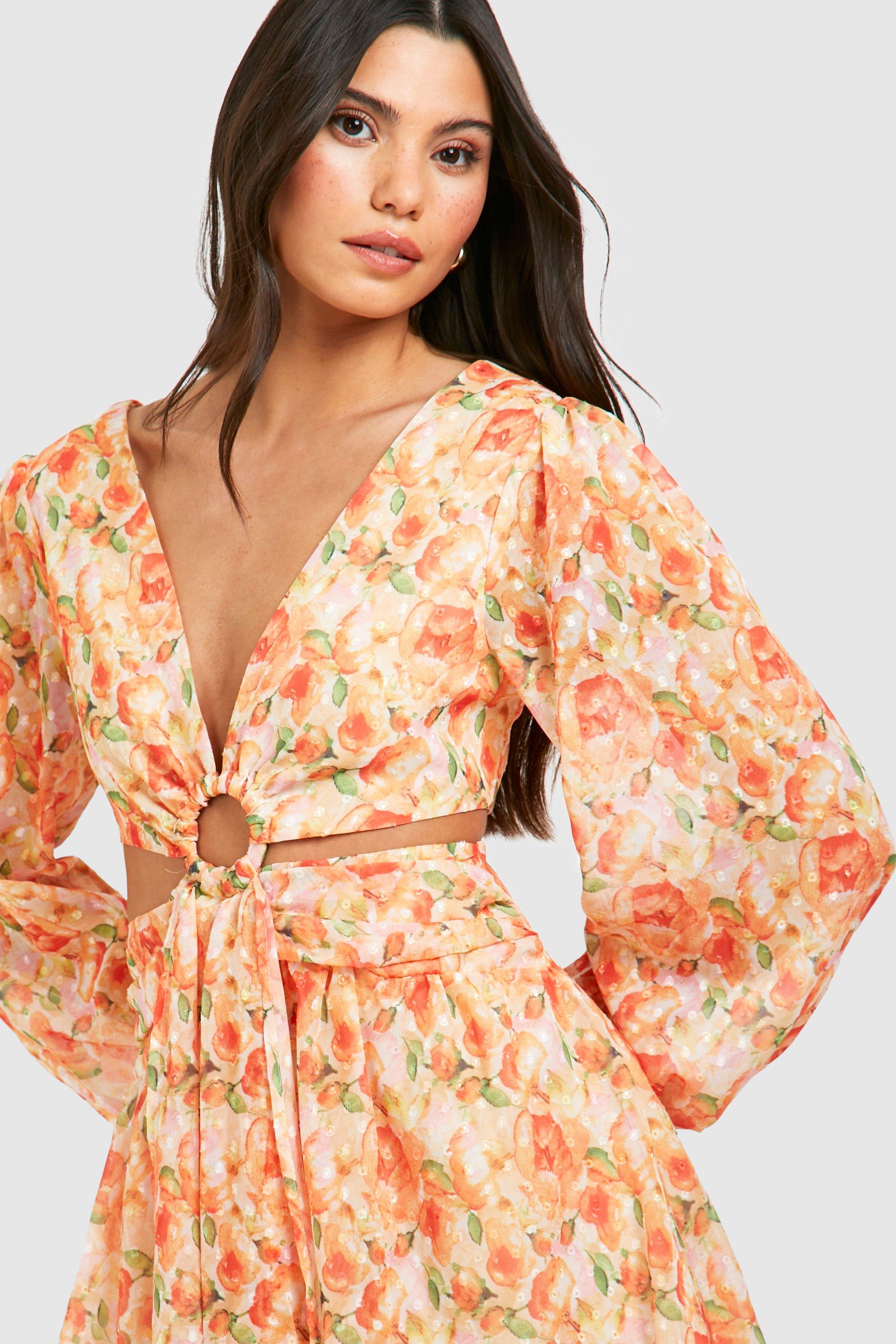 Textured Floral Cut Out Ring Detail Mini Dress