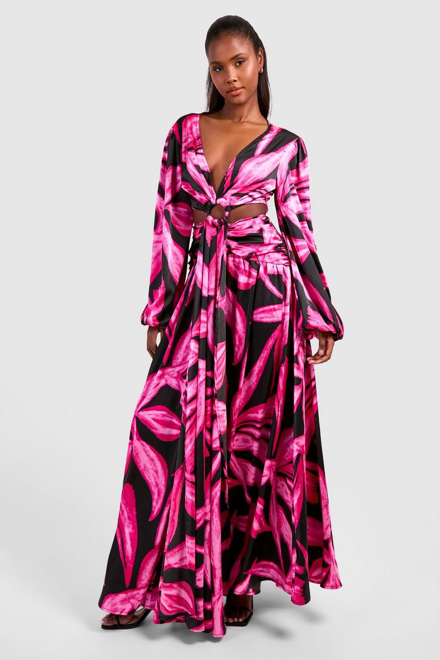 Vestito maxi con stampa astratta, cut-out e anello, Hot pink