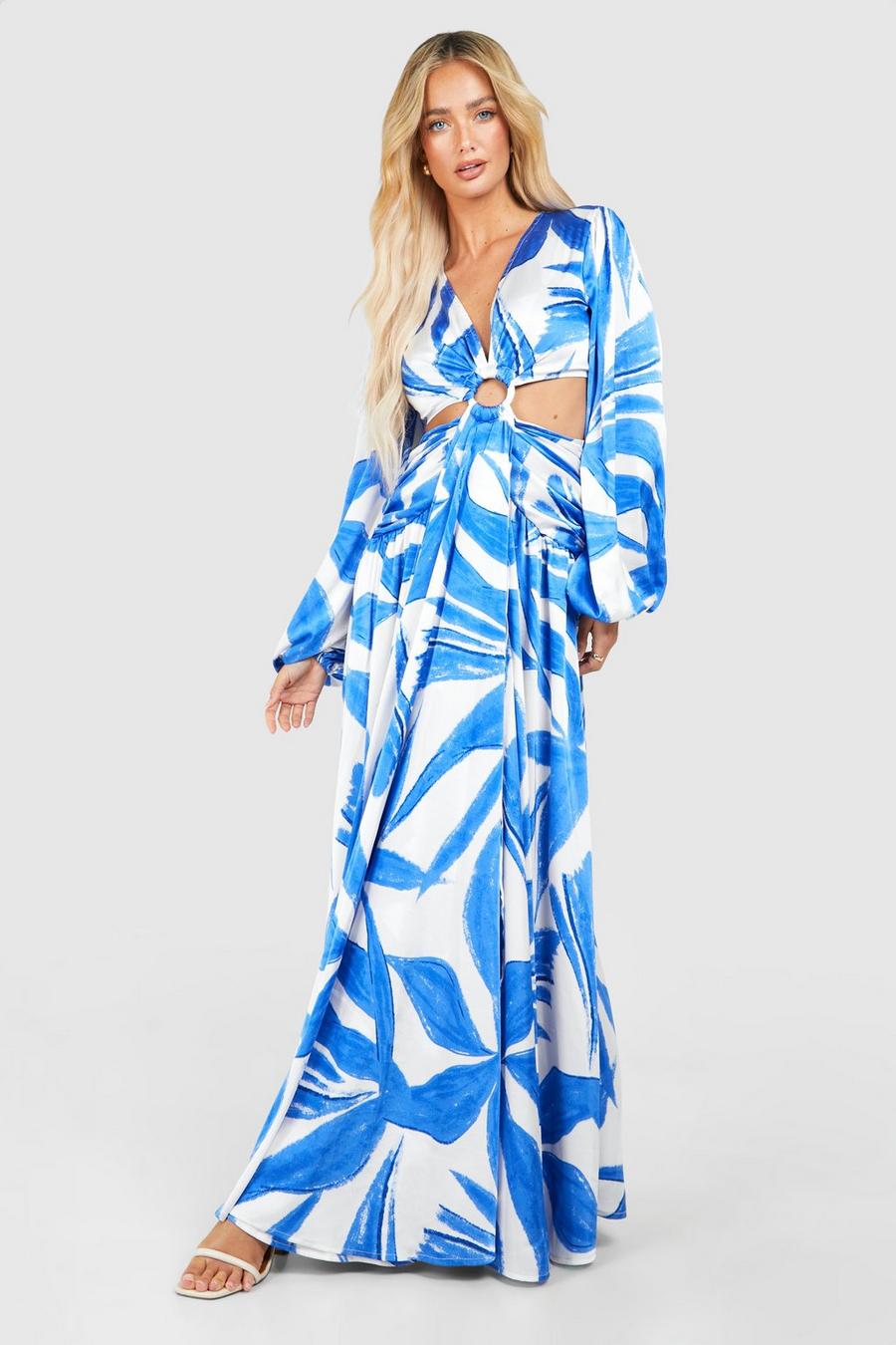 Blue Abstract Print Cut Out Ring Detail Maxi Dress image number 1