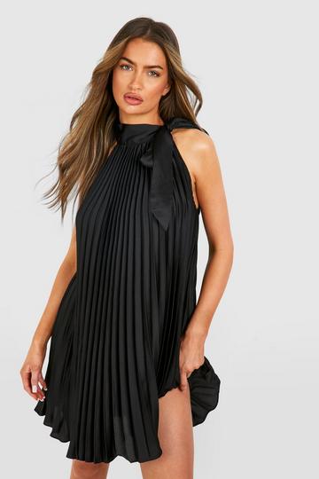 Satin Pleated Halterneck Mini Dress black