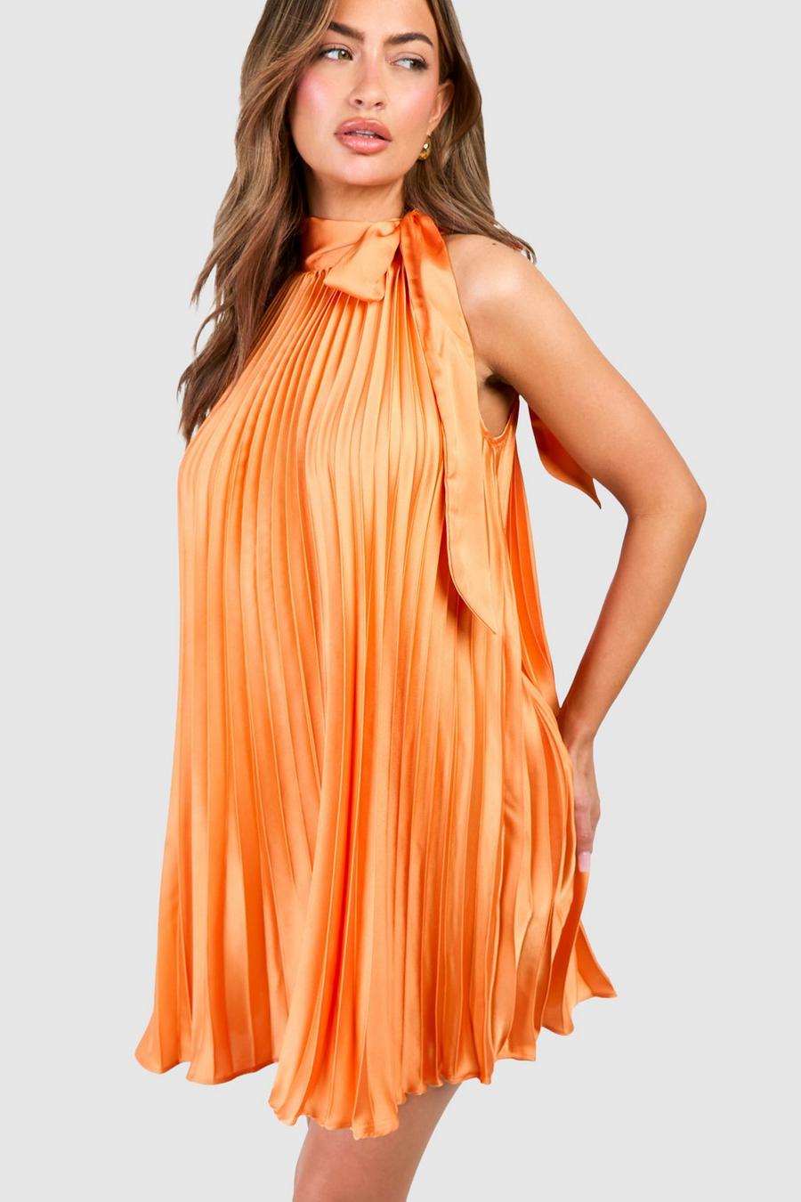 Orange Satin Pleated Halter Mini Dress image number 1
