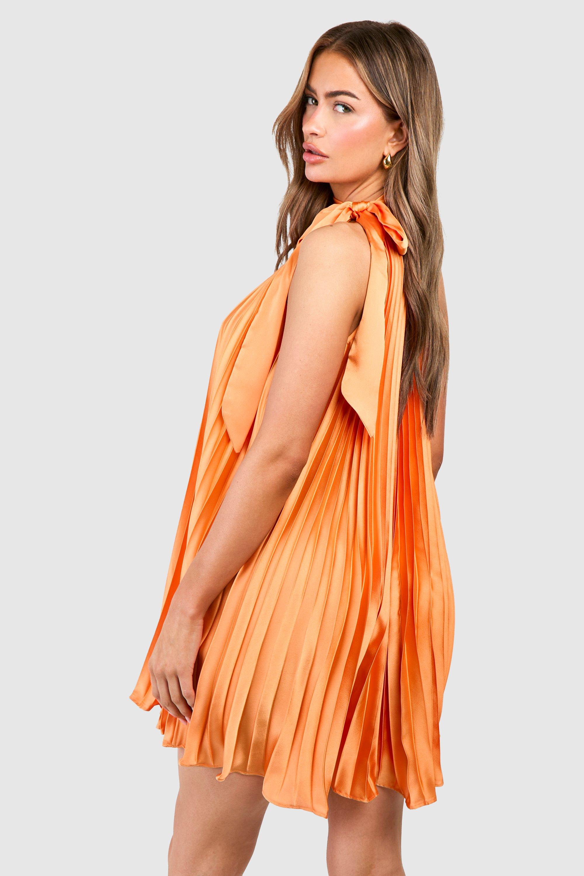 Backless halter pleated mini dress best sale