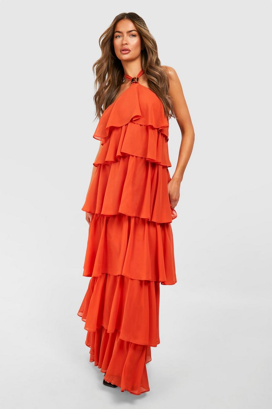 Orange Chiffon Trim Detail Tiered Maxi Dress image number 1