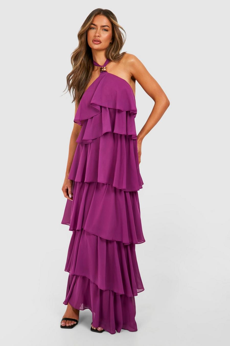 Purple Chiffon Trim Detail Tiered Maxi Dress
