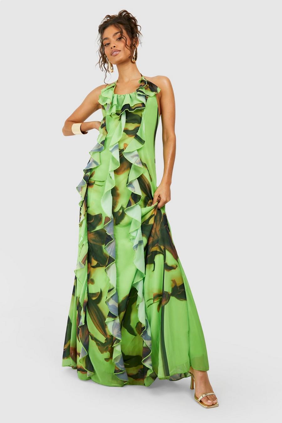 Green Printed Chiffon Ruffle Maxi Dress
