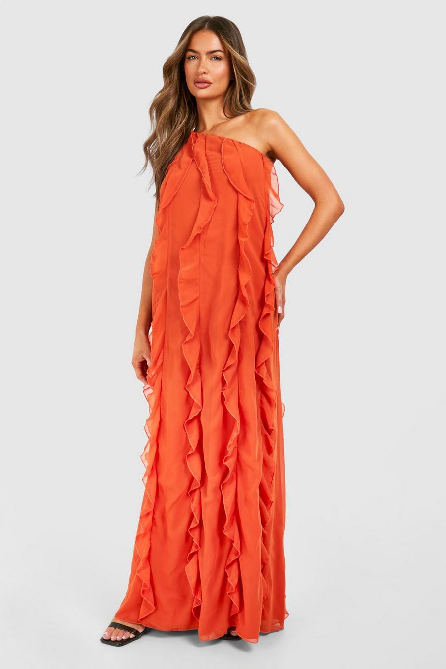 Orange Lång one shoulder-klänning i chiffong med volanger