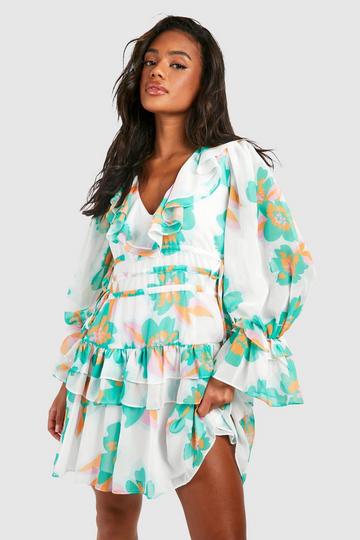 Floral Print Chiffon Ruffle Smock Dress white