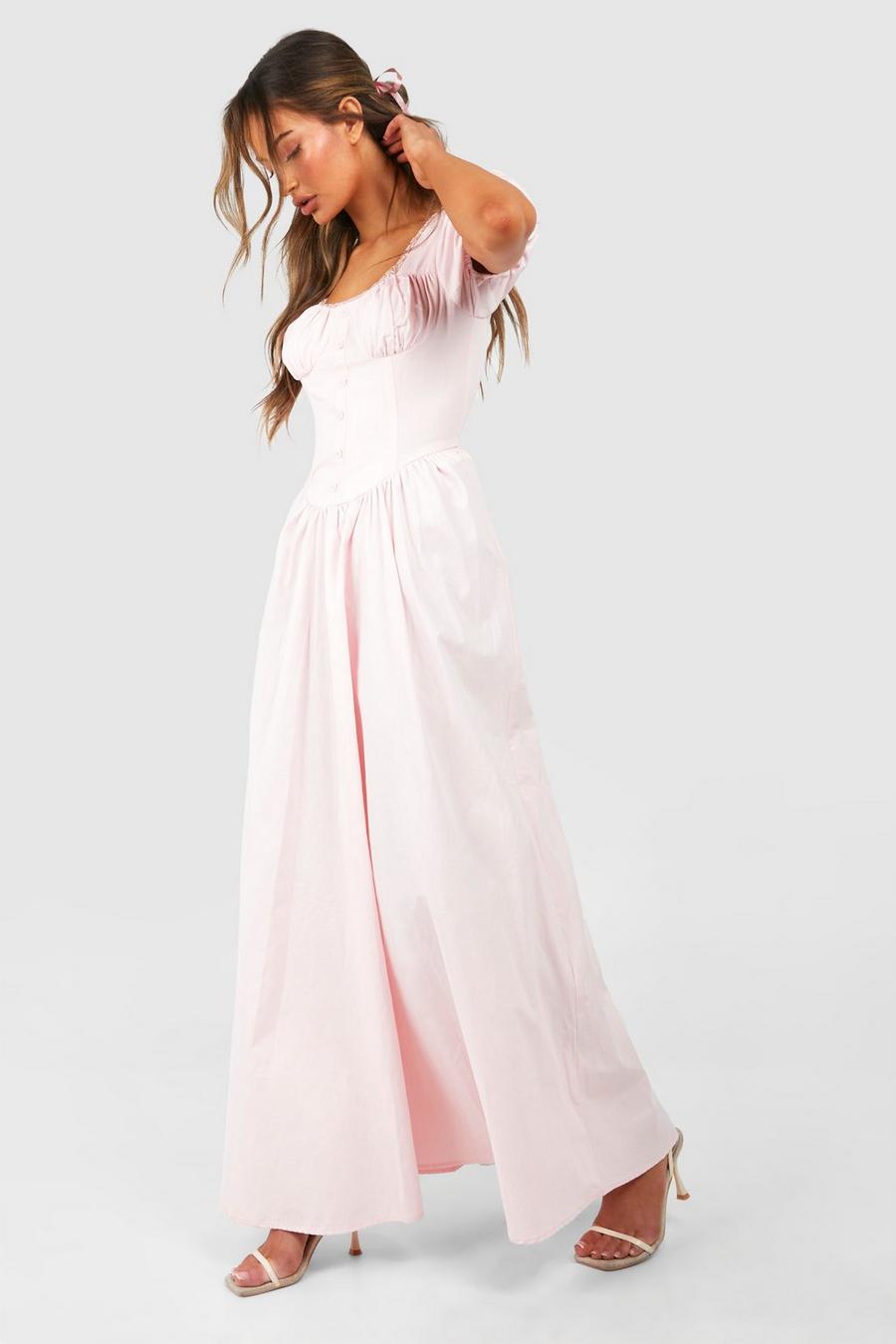 Vestido maxi estilo mesonera con mangas abullonadas, Pale pink image number 1