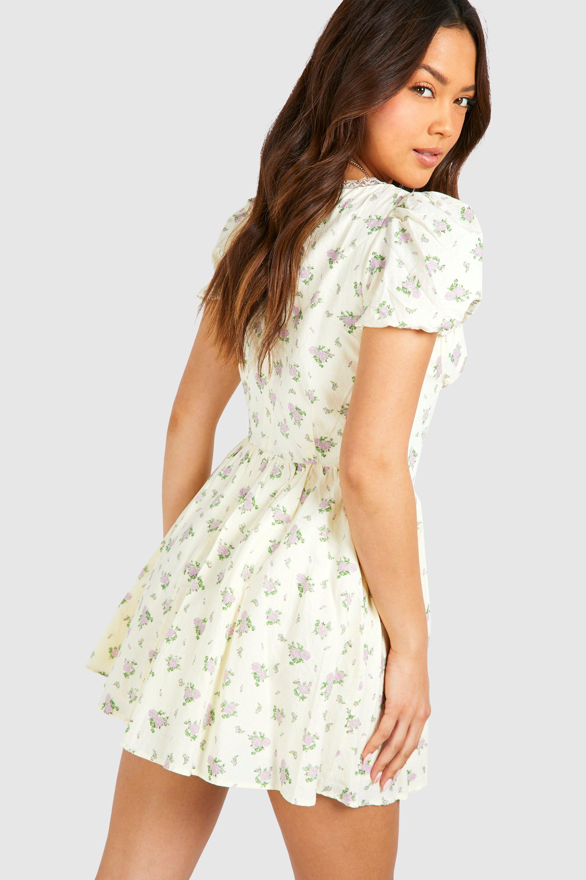 Ditsy Floral Puff Sleeve Milkmaid Mini Dress boohoo IE