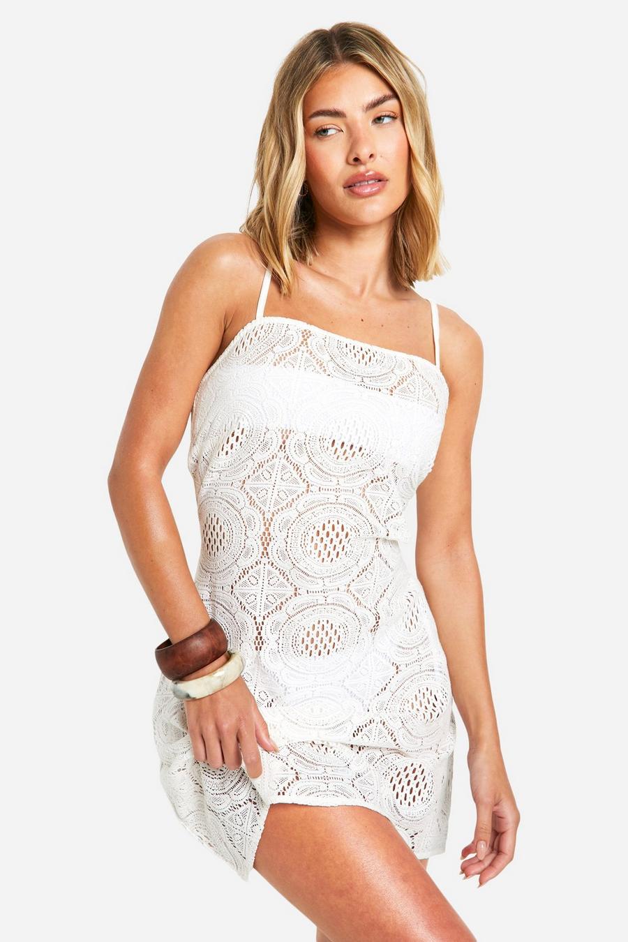 Ivory Crochet Beach Tie Back Strappy Mini Dress image number 1