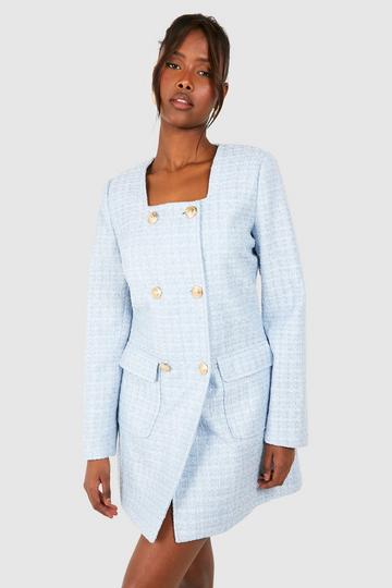 Blue Button Detail Boucle Blazer Dress