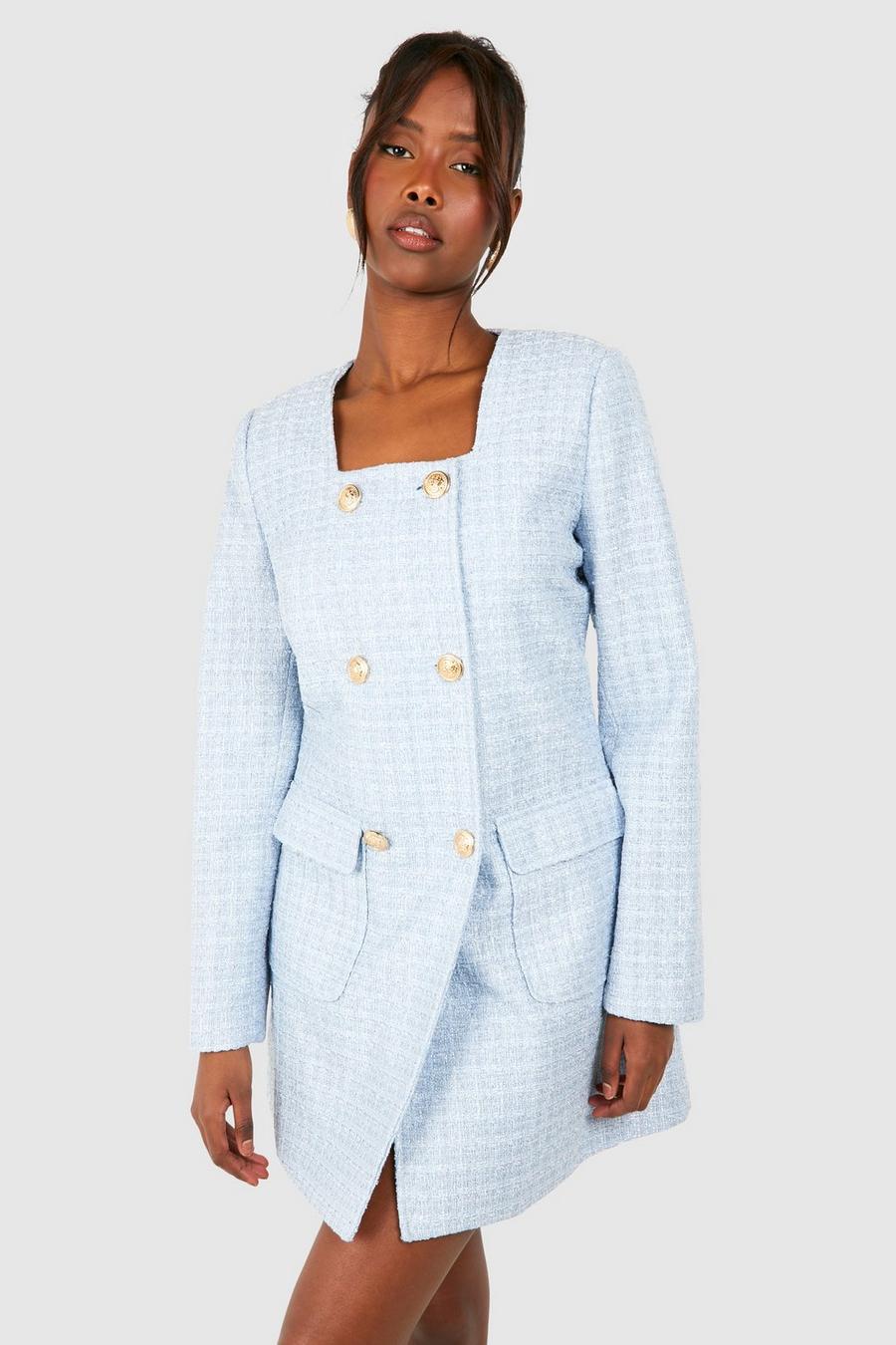 Blue Bouclé Blazer Jurk Met Knoop Detail