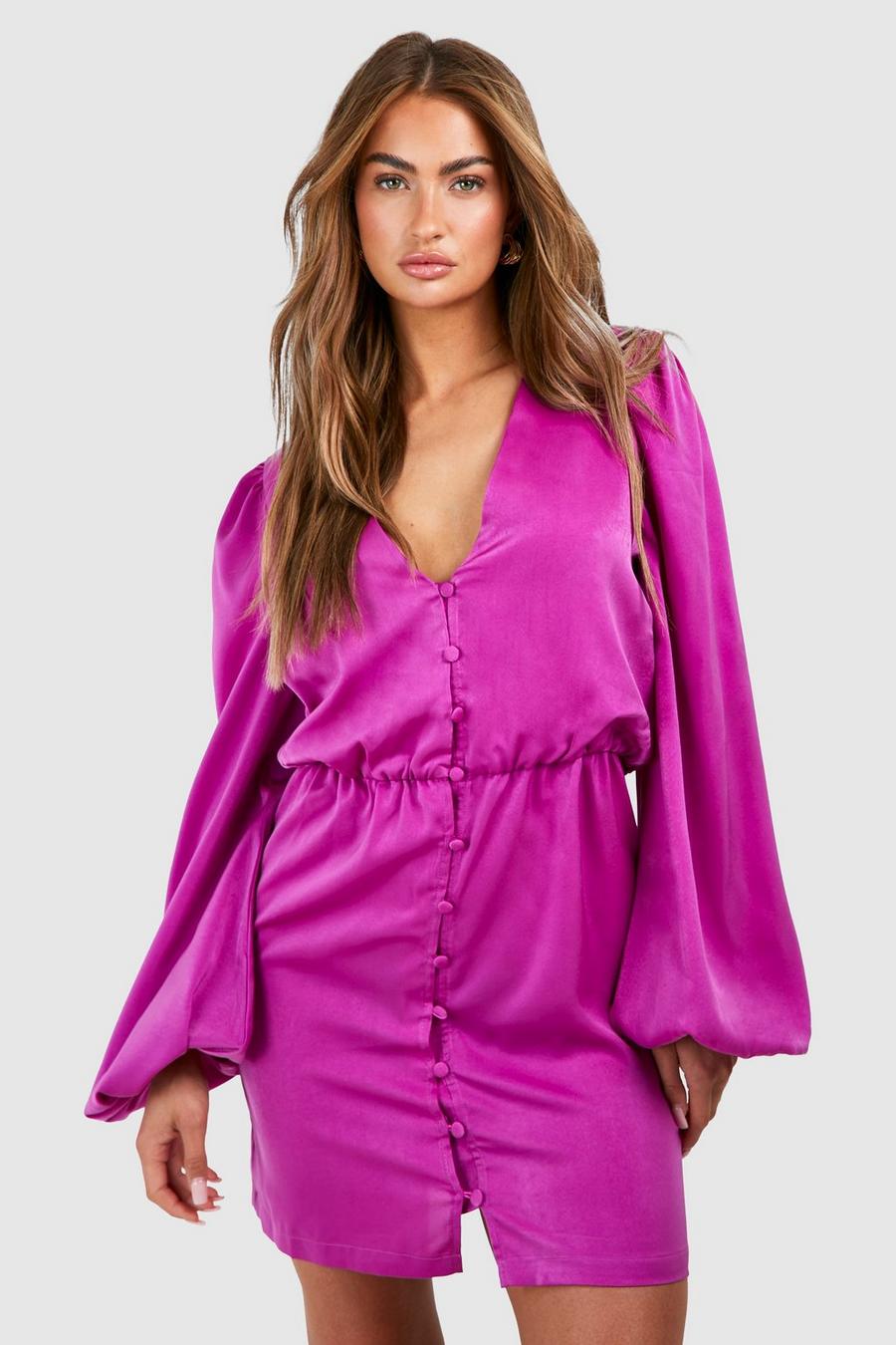 Hot pink Satin Blouson Sleeve Mini Dress image number 1