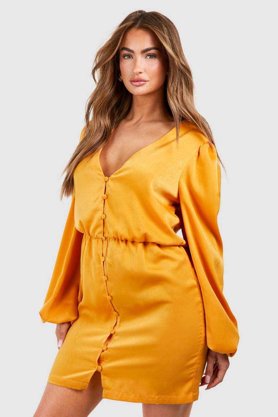 Orange Satin Blouson Sleeve Mini Dress image number 1
