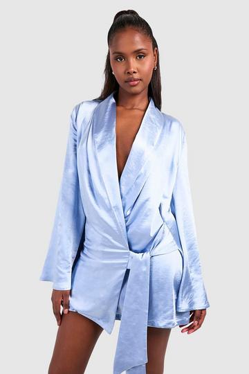 Blue Satin Wrap Shirt Dress