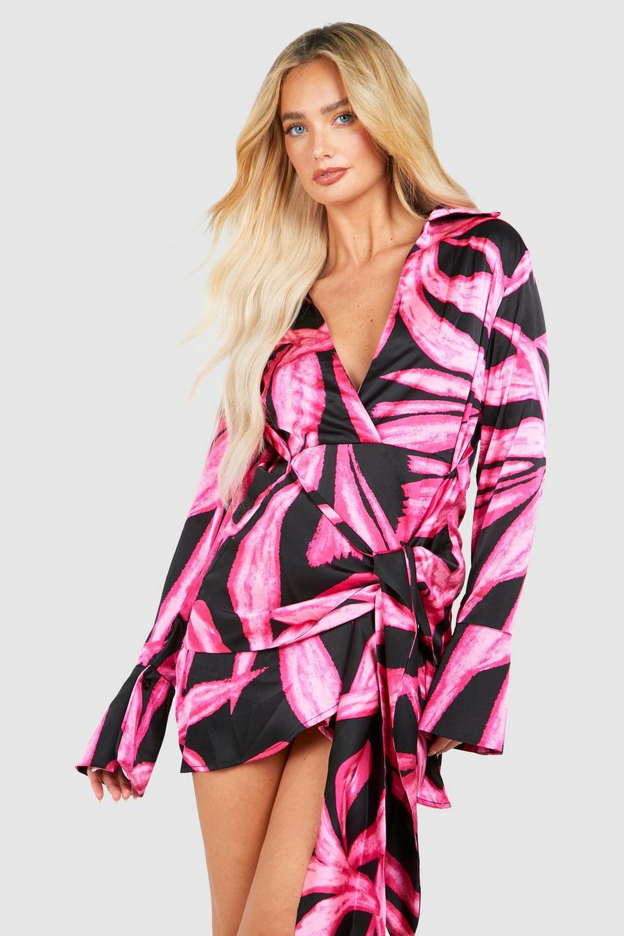 Hot pink Printed Tie Waist Shirt Dress image number 1