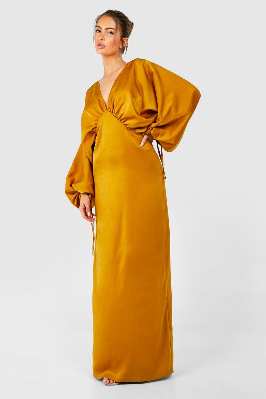 Mustard Satin Extreme Blouson Sleeve Plunge Maxi Dress image number 1
