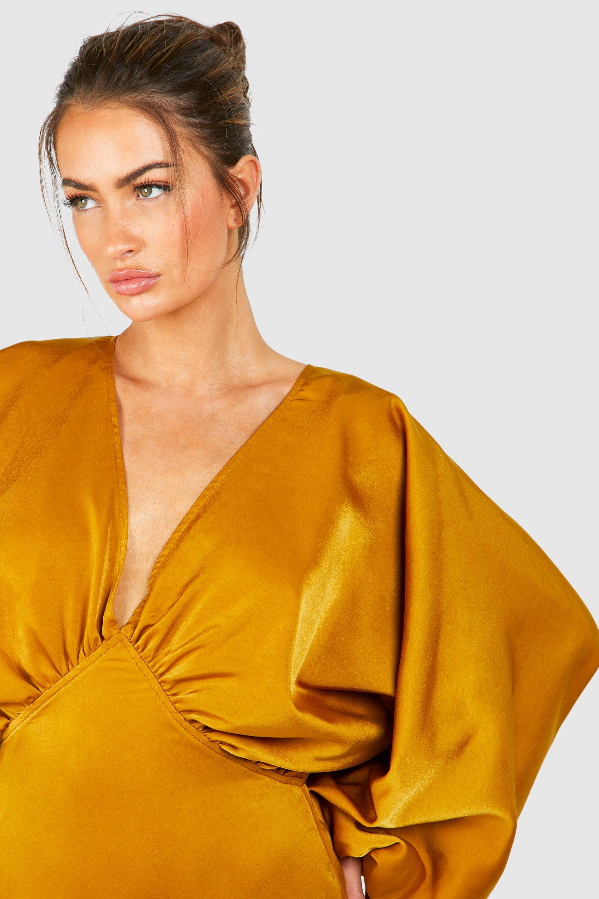 boohoo Satin Extreme Blouson Sleeve Plunge Maxi Dress Yellow Size 4