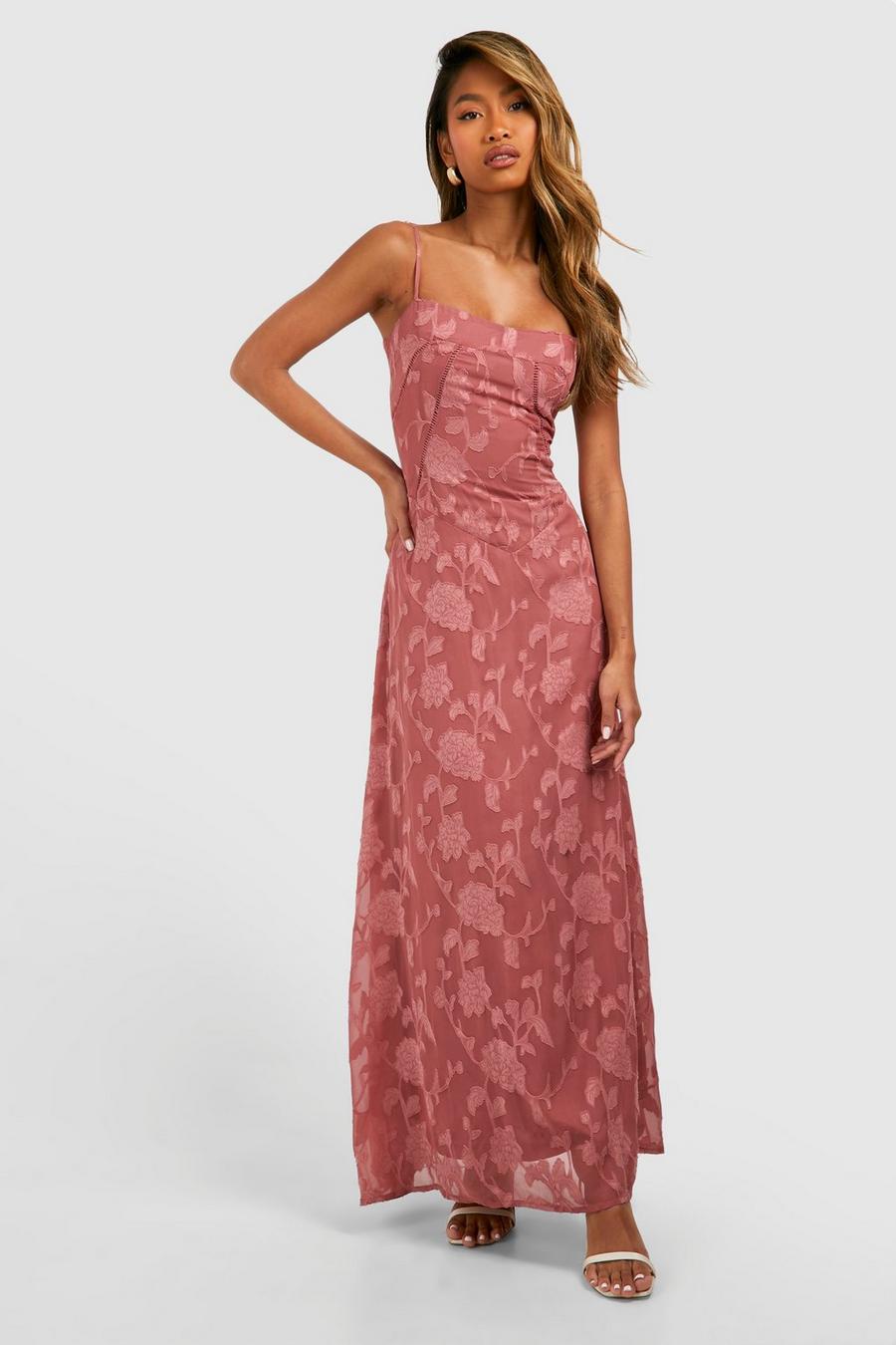 Pink Floral Textured Panelled Maxi Dress image number 1