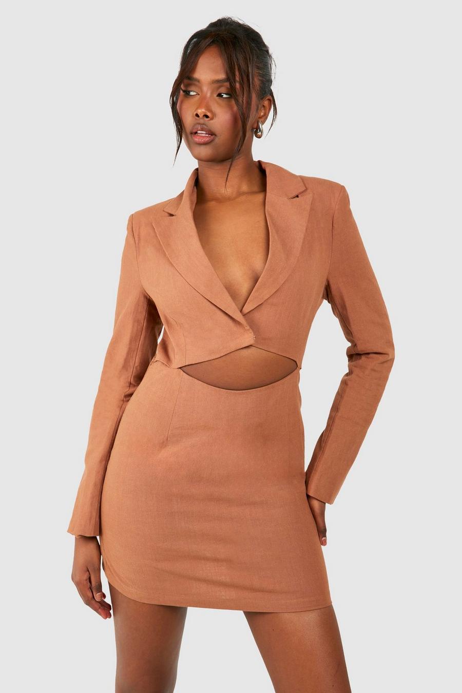 Chocolate Linen Cut Out Blazer Dress image number 1