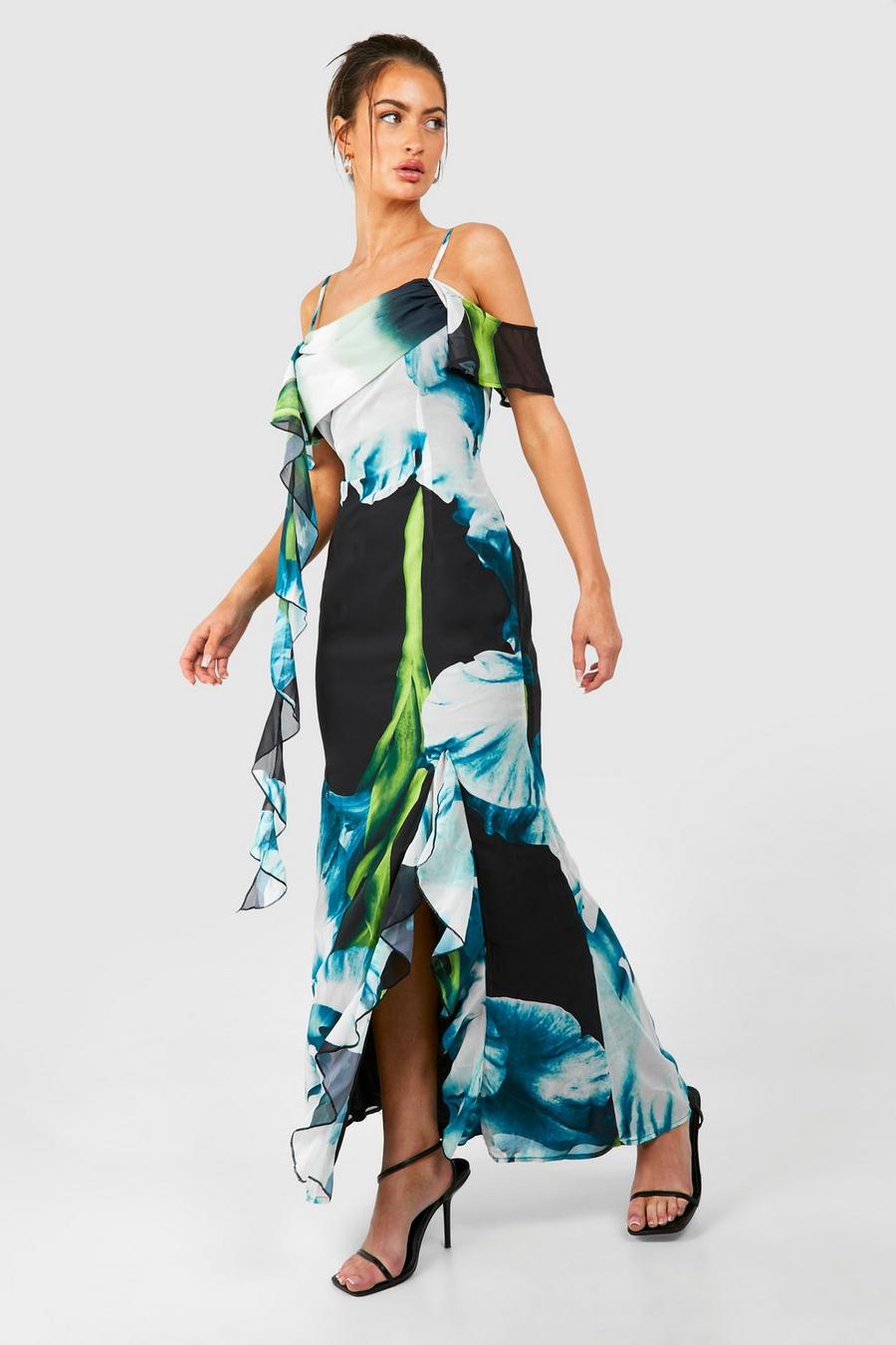 Blue Floral Draped Sleeve Maxi Dress image number 1