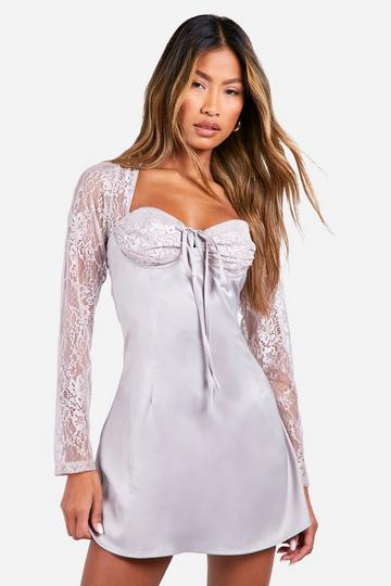 Grey Lace Sleeve Satin Mini Dress