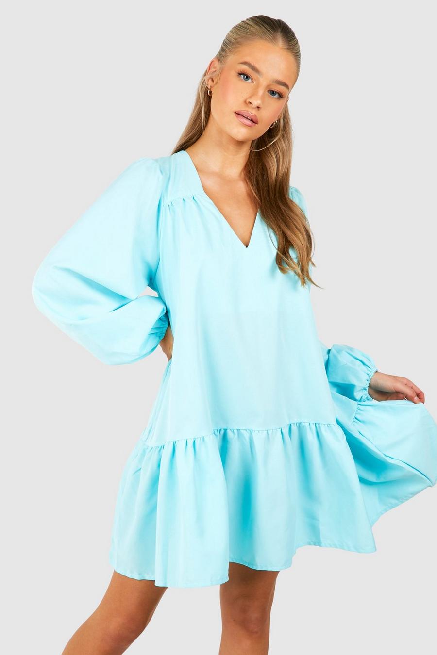 Pastel blue Poplin Blouson Sleeve Drop Hem Smock Dress image number 1