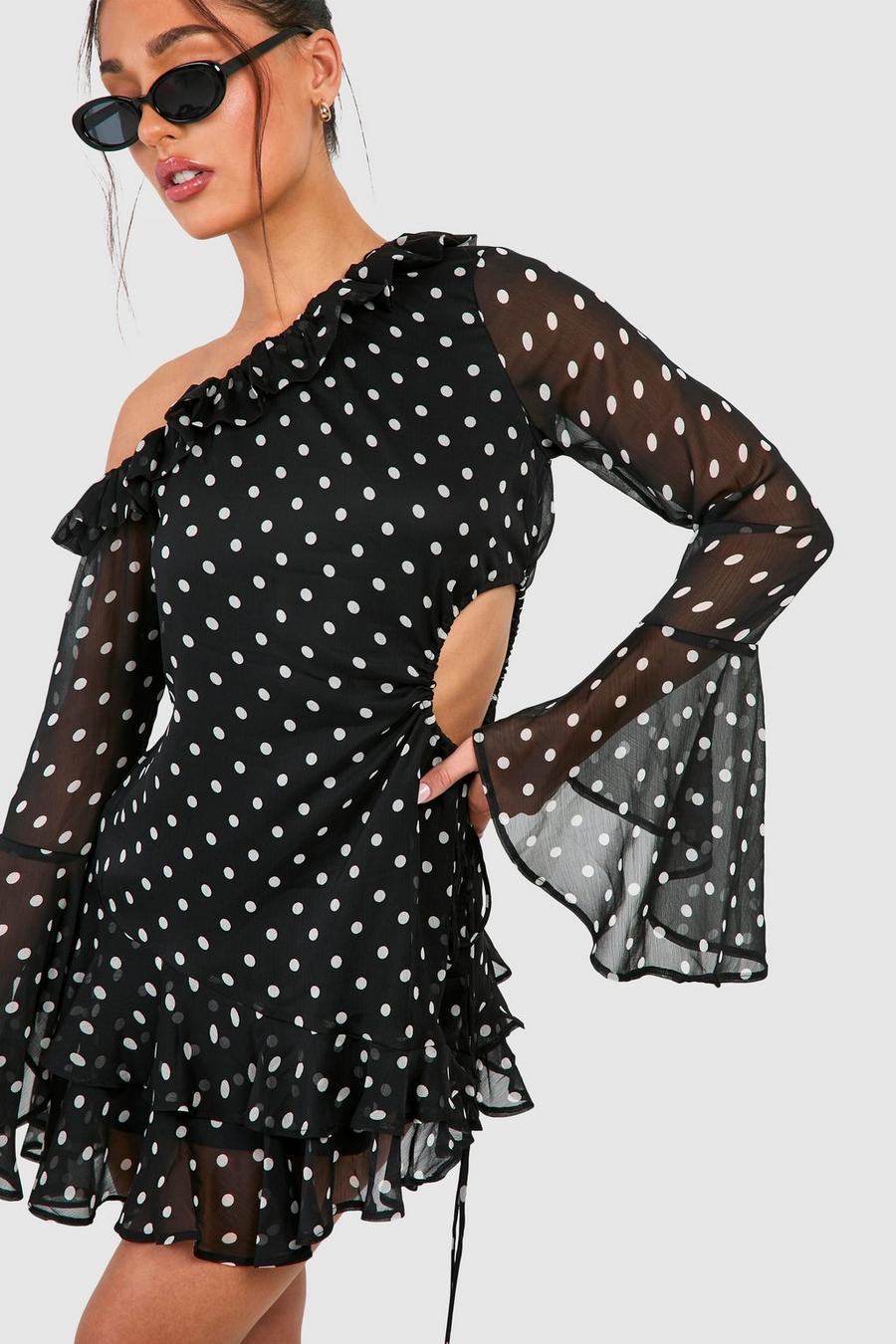 Black Petite Polka Dot Chiffon Mini Dress image number 1