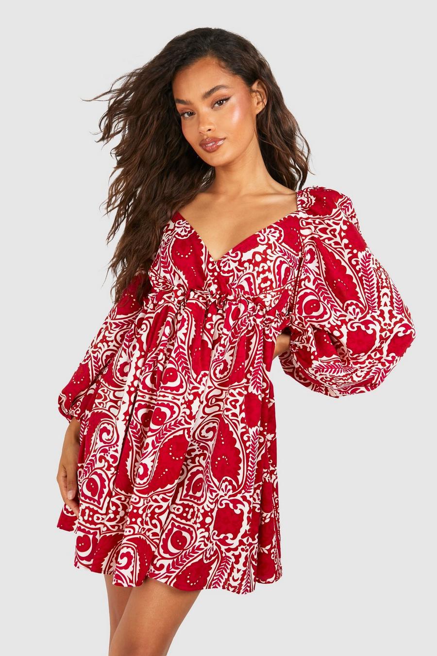 Red Paisley Puff Sleeve Plunge Smock Dress image number 1