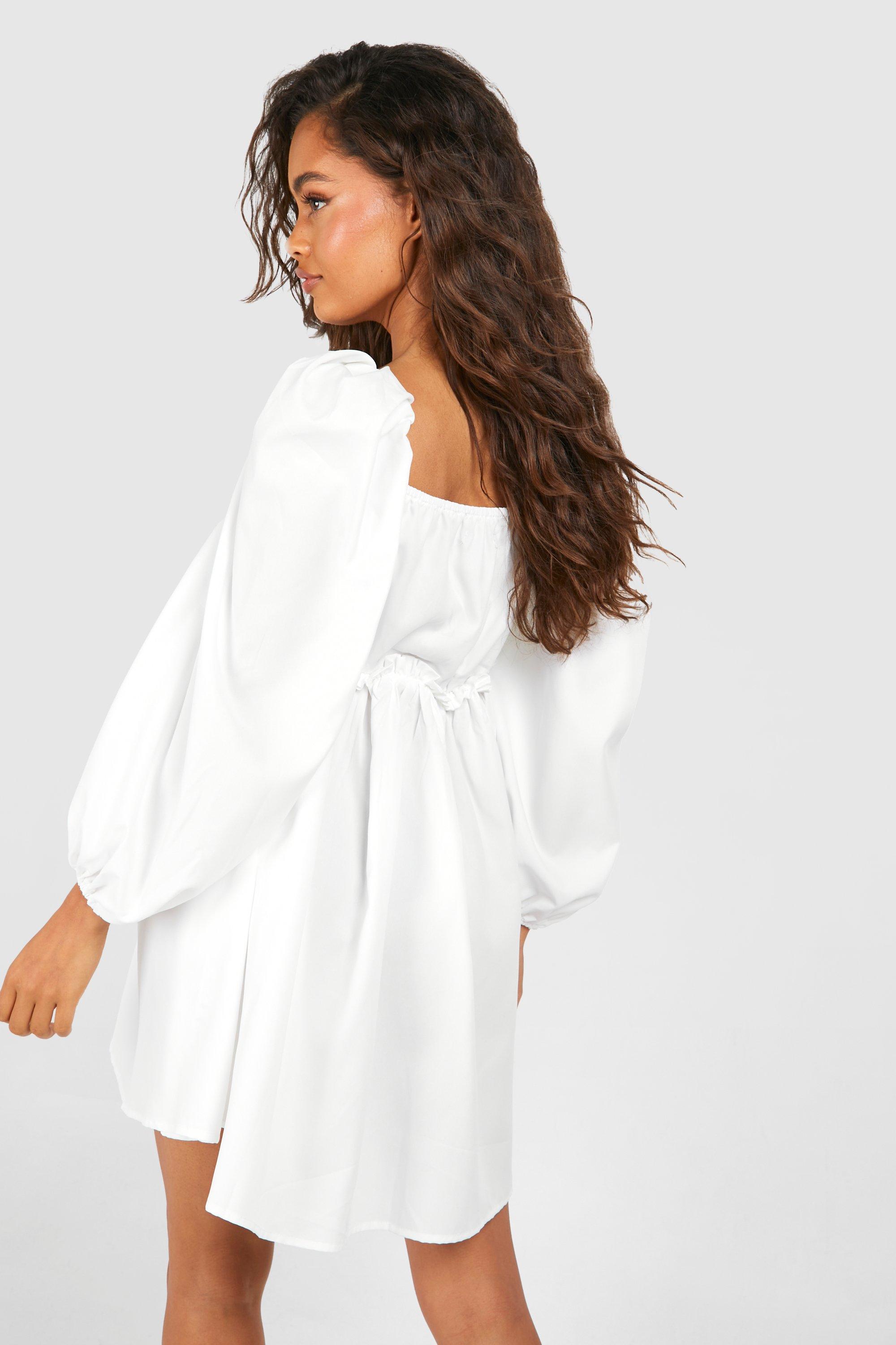 Puff Sleeve Plunge Smock Dress boohoo