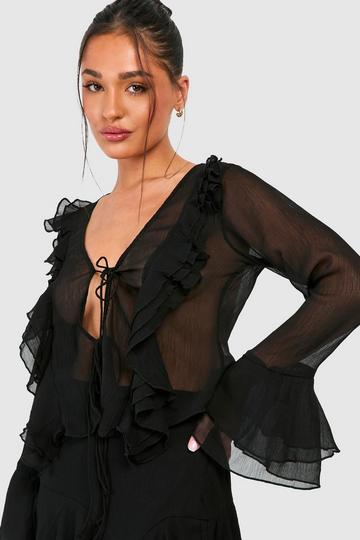 Petite Crinkle Chiffon Ruffle Blouse black