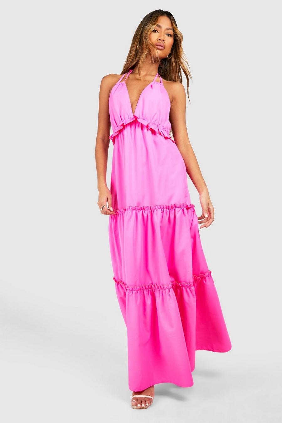 Hot pink Halterneck Tiered Maxi Dress