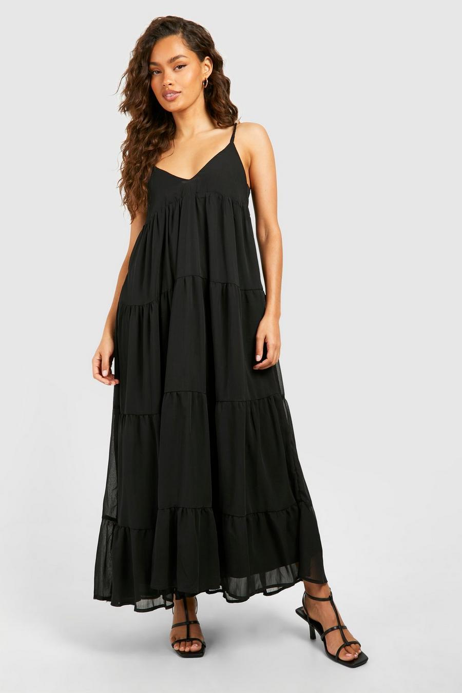 Black Chiffon Bead Strappy Tiered Midaxi Dress image number 1