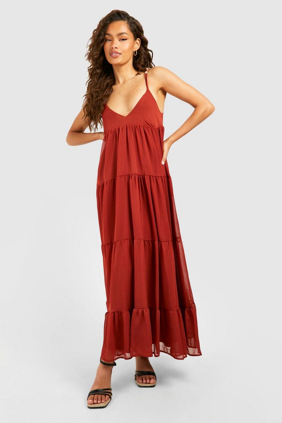 Rust Chiffon Bead Strappy Tiered Midaxi Dress image number 1