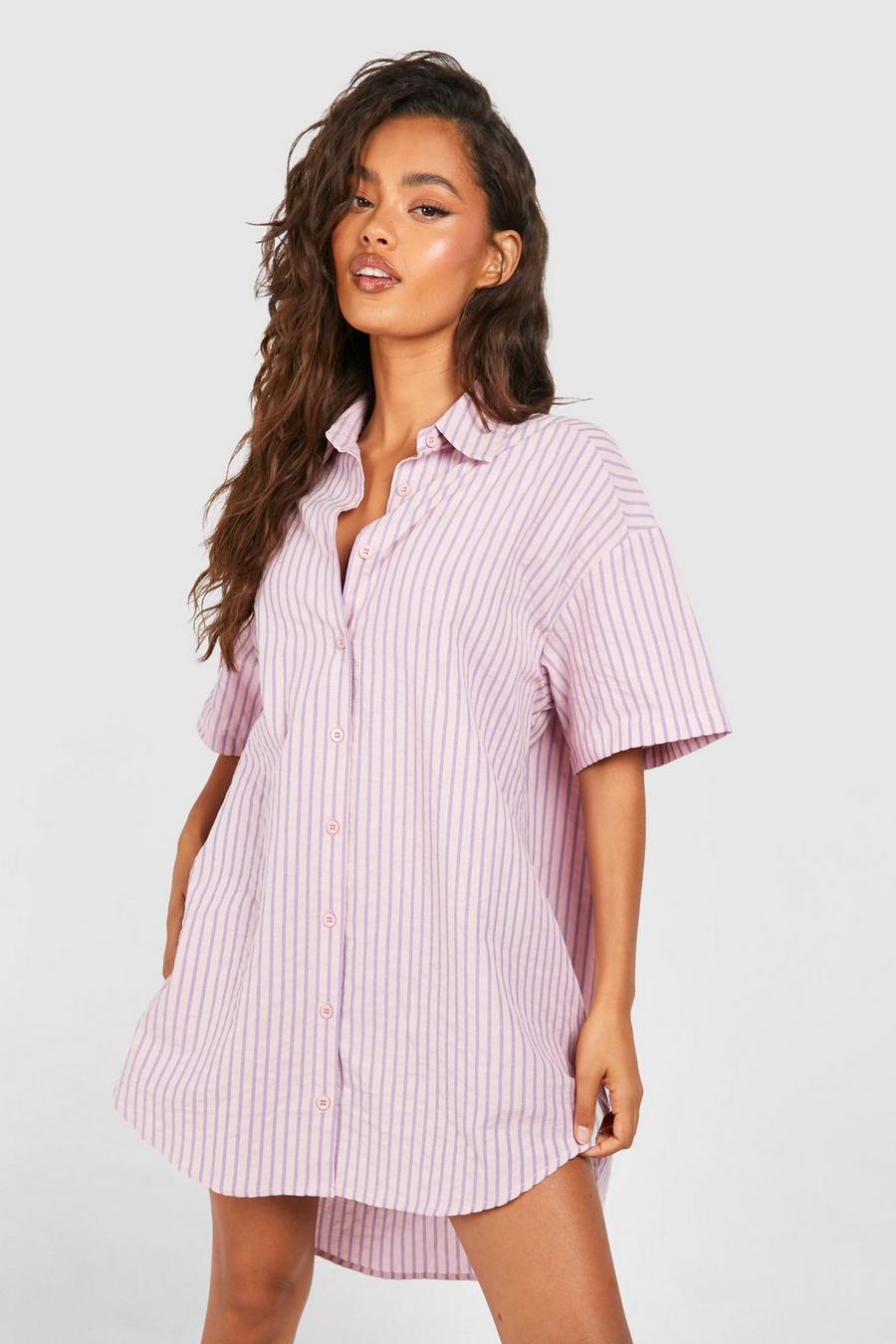 Kurzärmliges Oversize Hemdkleid mit Streifen, Pink image number 1